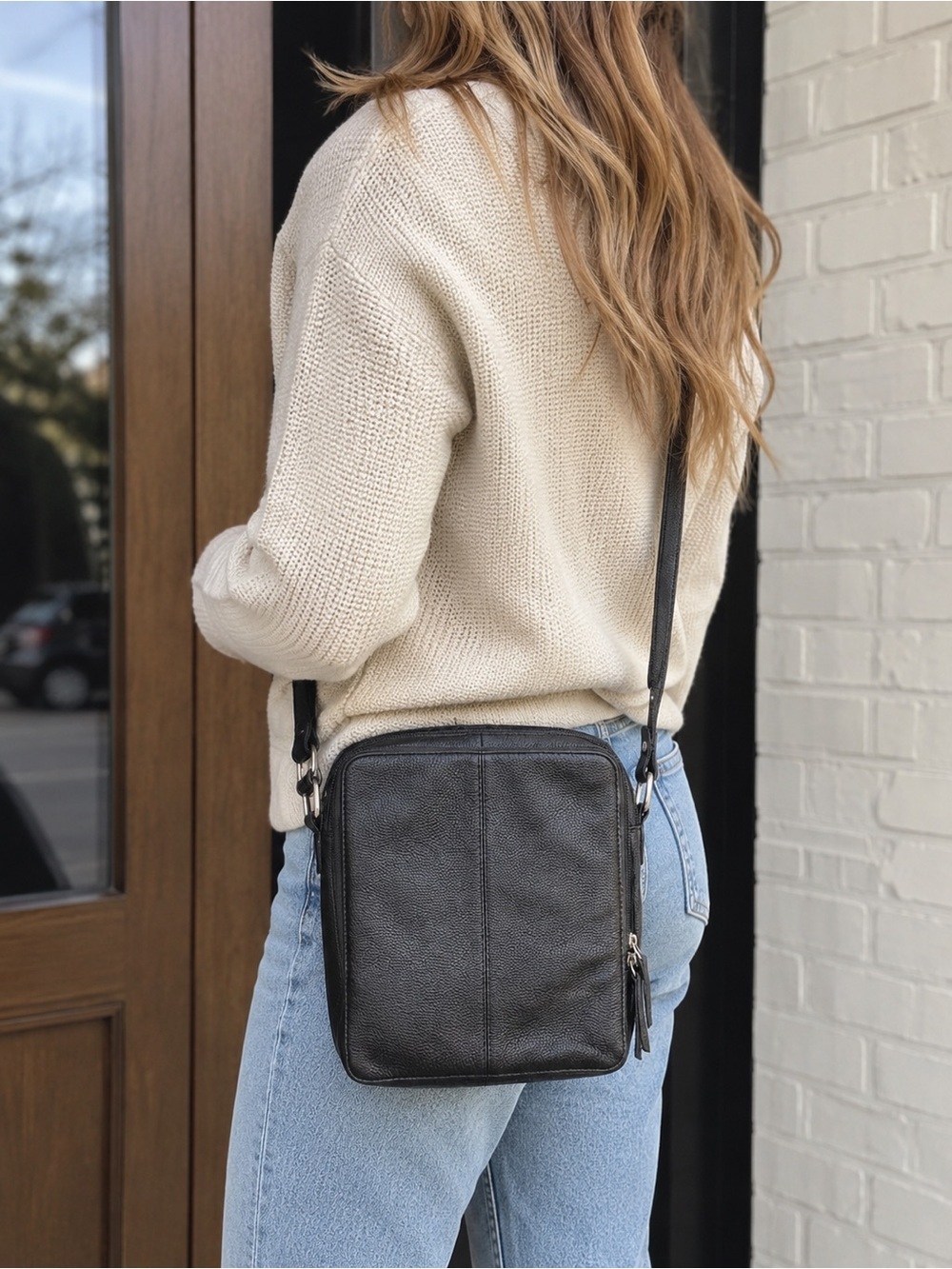 Genuine Leather Black Crossbody Organizer Purse Adjustable Strap